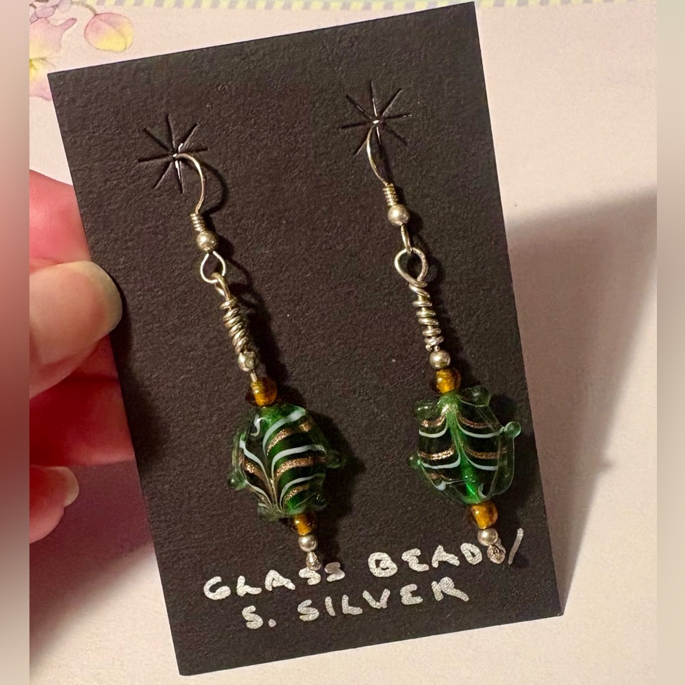 NWT Sterling Silver Green /Gold Glass Artisan 1ofAkind Bead Dangle Earrings Boho
